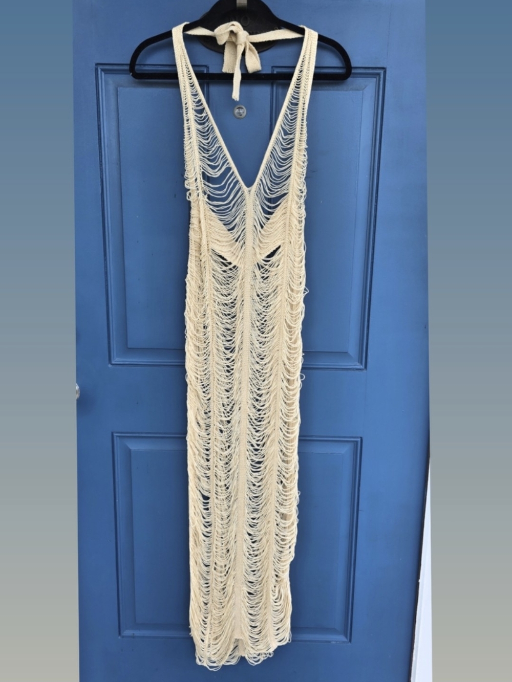 Boho Cream Crochet Cutout Maxi Dress Swim Cover Up Slit Open Knit Festival Sz S